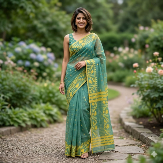 Sap Green Cotton Dhakai Jamdani Saree -Powerloom Sarees- Aananda Collections