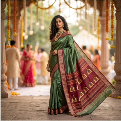 Sap Green Vidarbha Tussar Silk Saree | Maroon Border & Dolaberi Pallu -Handloom Sarees- Aananda Collections