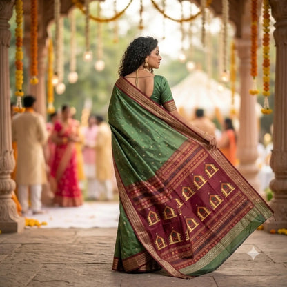 Sap Green Vidarbha Tussar Silk Saree | Maroon Border & Dolaberi Pallu -Handloom Sarees- Aananda Collections