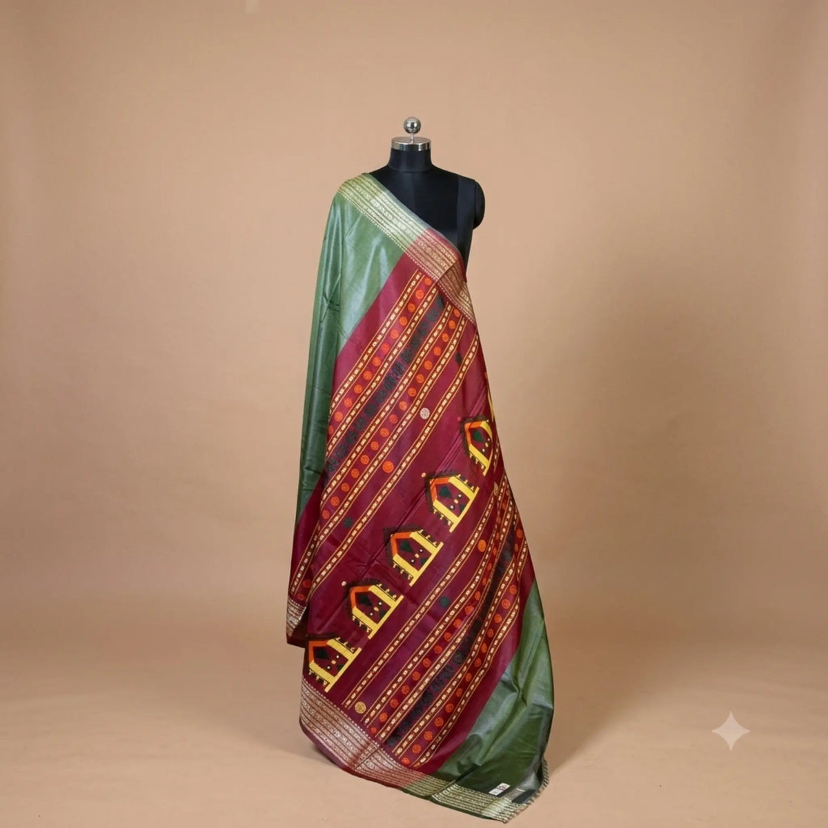 Sap Green Vidarbha Tussar Silk Saree | Maroon Border & Dolaberi Pallu -Handloom Sarees- Aananda Collections