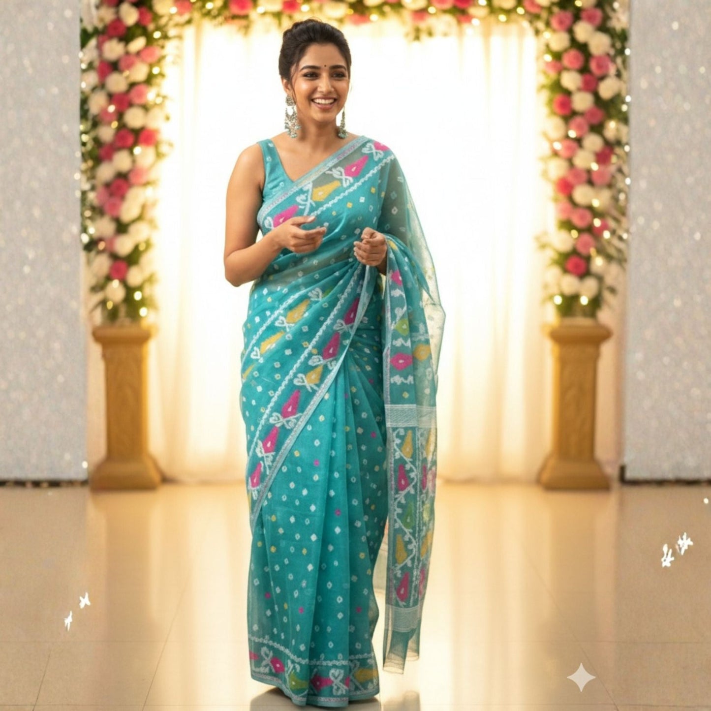 Sky Blue Soft Dhakai Jamdani -Powerloom Sarees- Aananda Collections