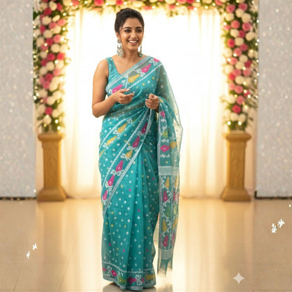Sky Blue Soft Dhakai Jamdani -Powerloom Sarees- Aananda Collections