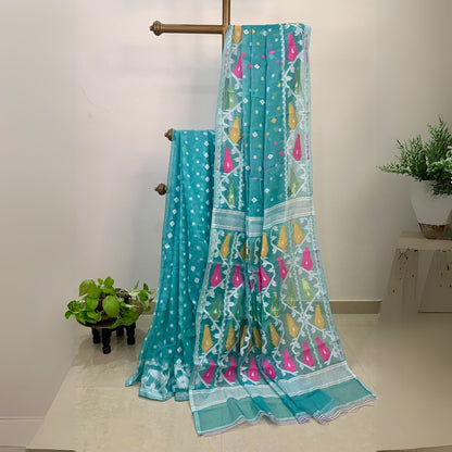 Sky Blue Soft Dhakai Jamdani -Powerloom Sarees- Aananda Collections