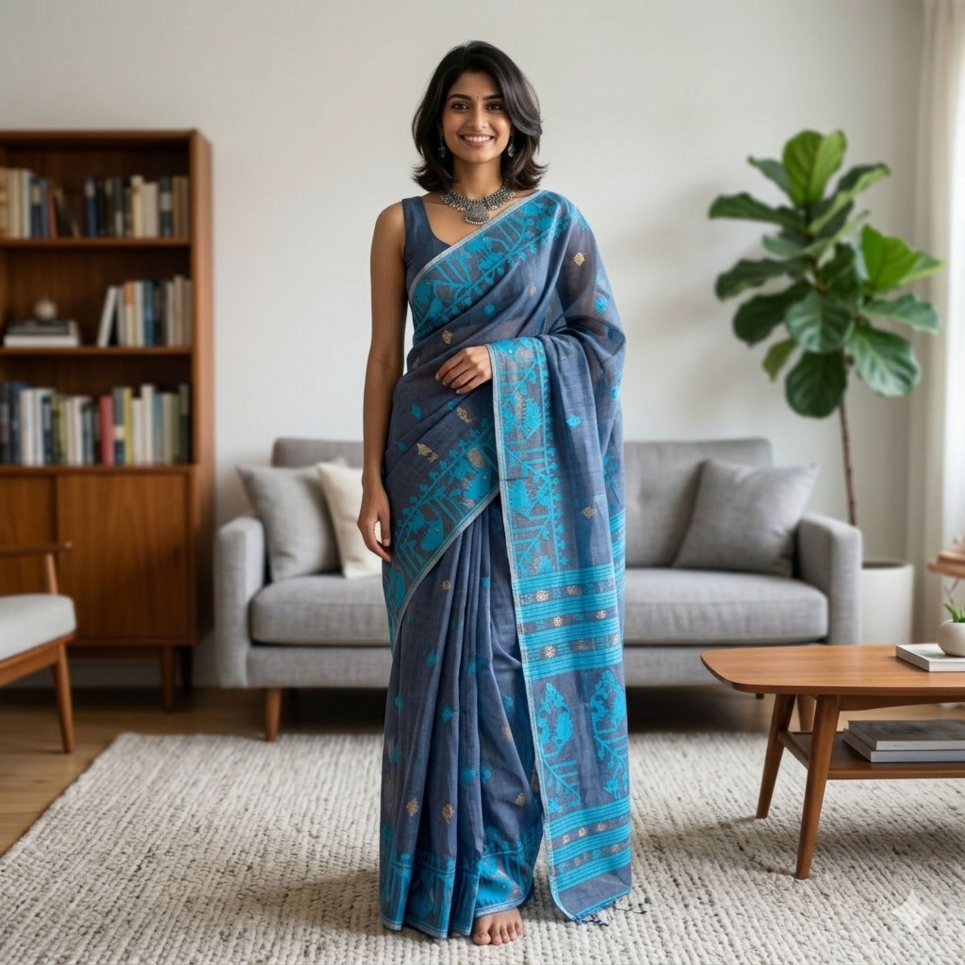 Steel Grey Cotton Dhakai Jamdani Saree -Powerloom Sarees- Aananda Collections