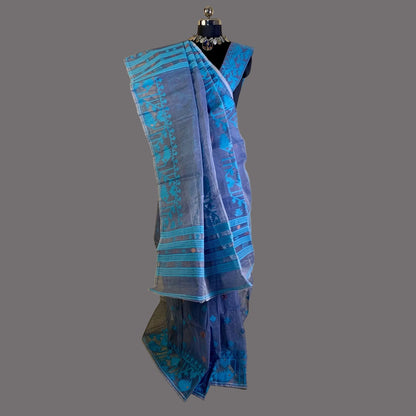 Steel Grey Cotton Dhakai Jamdani Saree -Powerloom Sarees- Aananda Collections