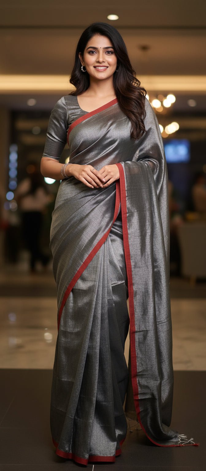 Steel Grey Linen Tissue Saree -Handloom Sarees- Aananda Collections