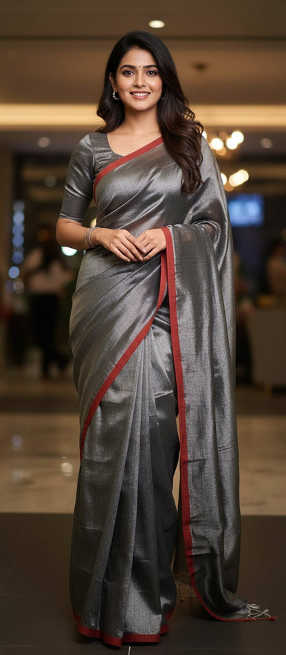 Steel Grey Linen Tissue Saree -Handloom Sarees- Aananda Collections