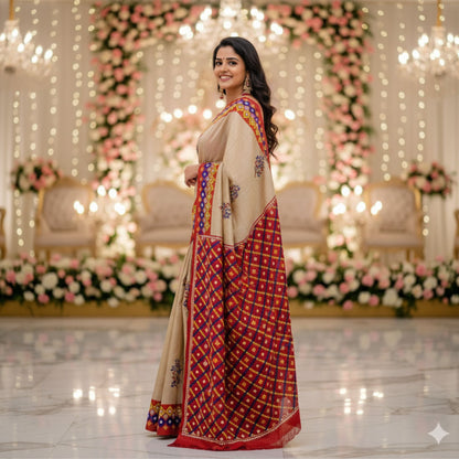 A woman wearing a traditional Indian saree stands in a decorated event hall with floral arches and warm string lights. The saree has a beige body with a red and gold patterned lower section and colorful embroidered borders.