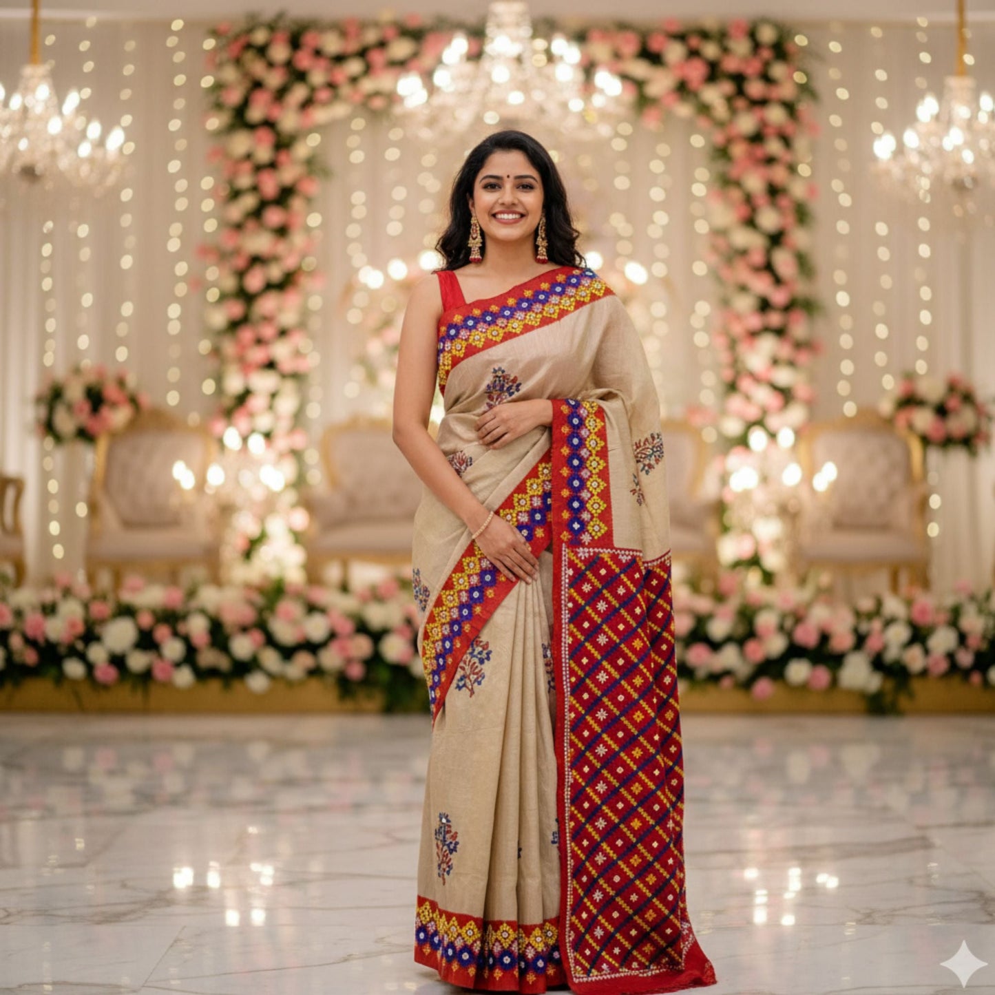 A woman stands in a decorated event hall wearing a beige saree with a red border and colorful geometric patterns. The background features floral arches, hanging string lights, and chandeliers.