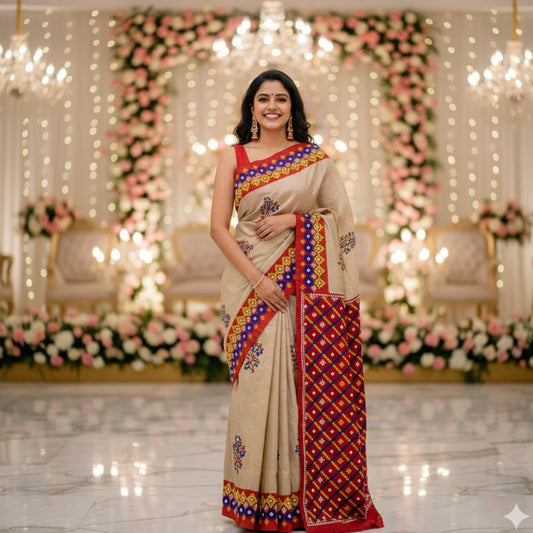 A woman stands in a decorated event hall wearing a beige saree with a red border and colorful geometric patterns. The background features floral arches, hanging string lights, and chandeliers.