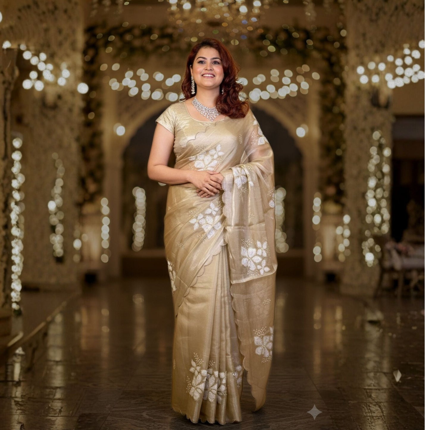 Water Gold Colour Embroidered Organza Silk Saree -Powerloom Sarees- Aananda Collections