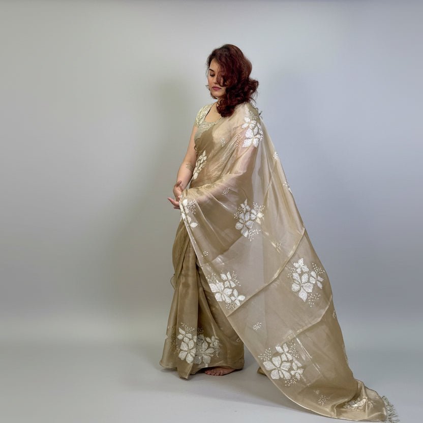 Water Gold Colour Embroidered Organza Silk Saree -Powerloom Sarees- Aananda Collections