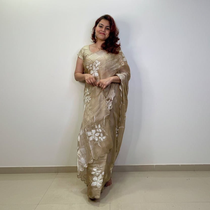 Water Gold Colour Embroidered Organza Silk Saree -Powerloom Sarees- Aananda Collections