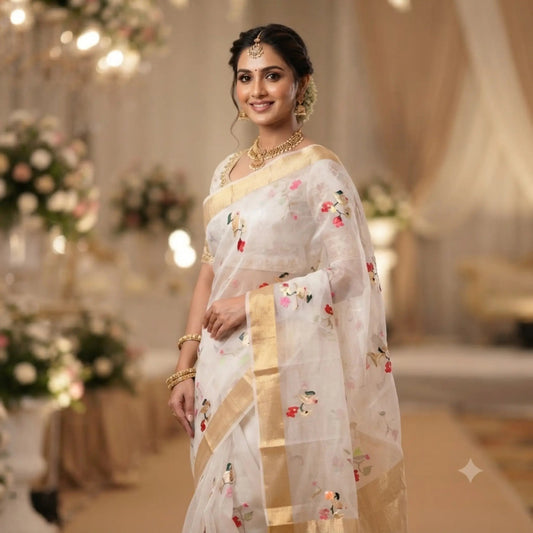 White and Gold Katan Chanderi Saree -Handloom Sarees- Aananda Collections