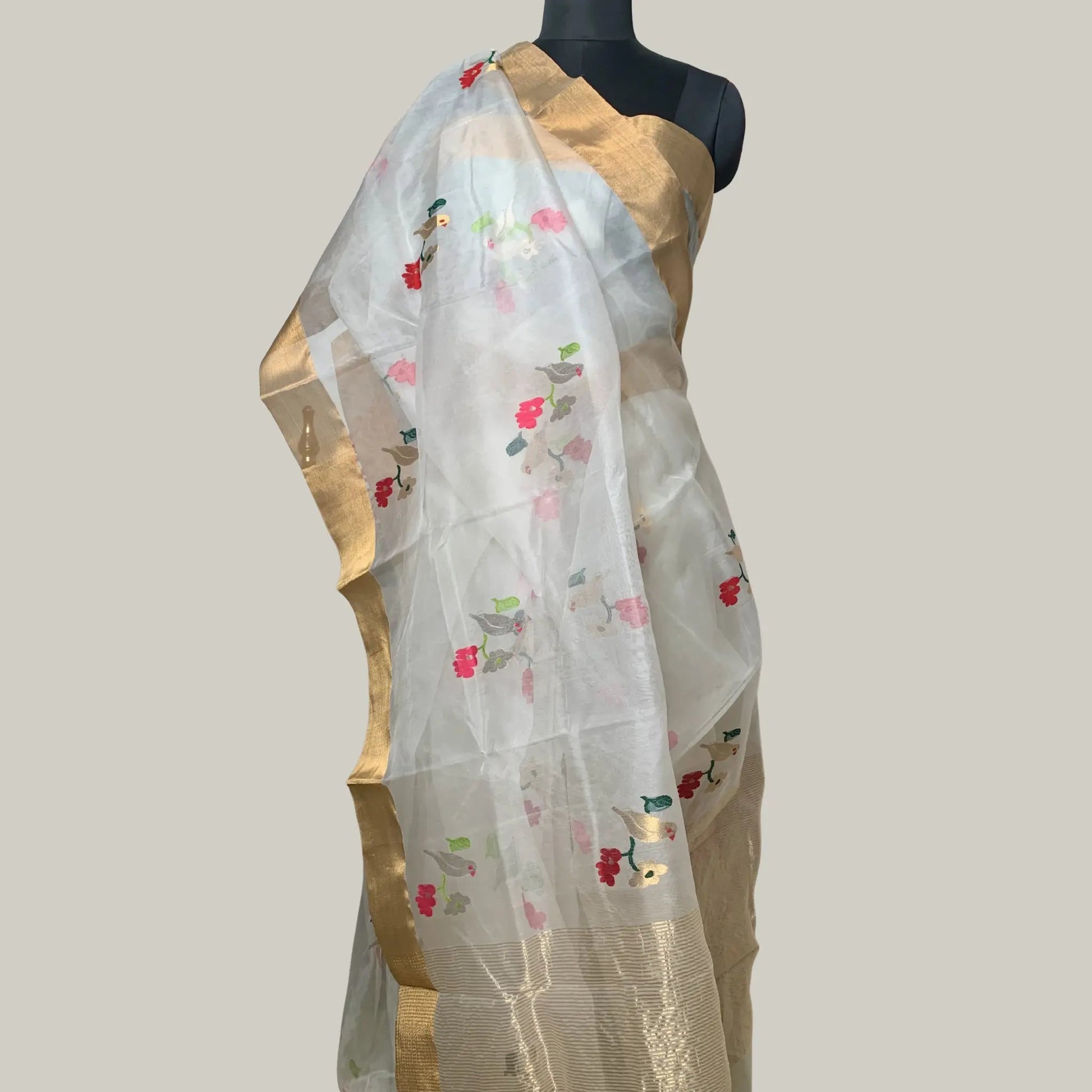 White and Gold Katan Chanderi Saree -Handloom Sarees- Aananda Collections