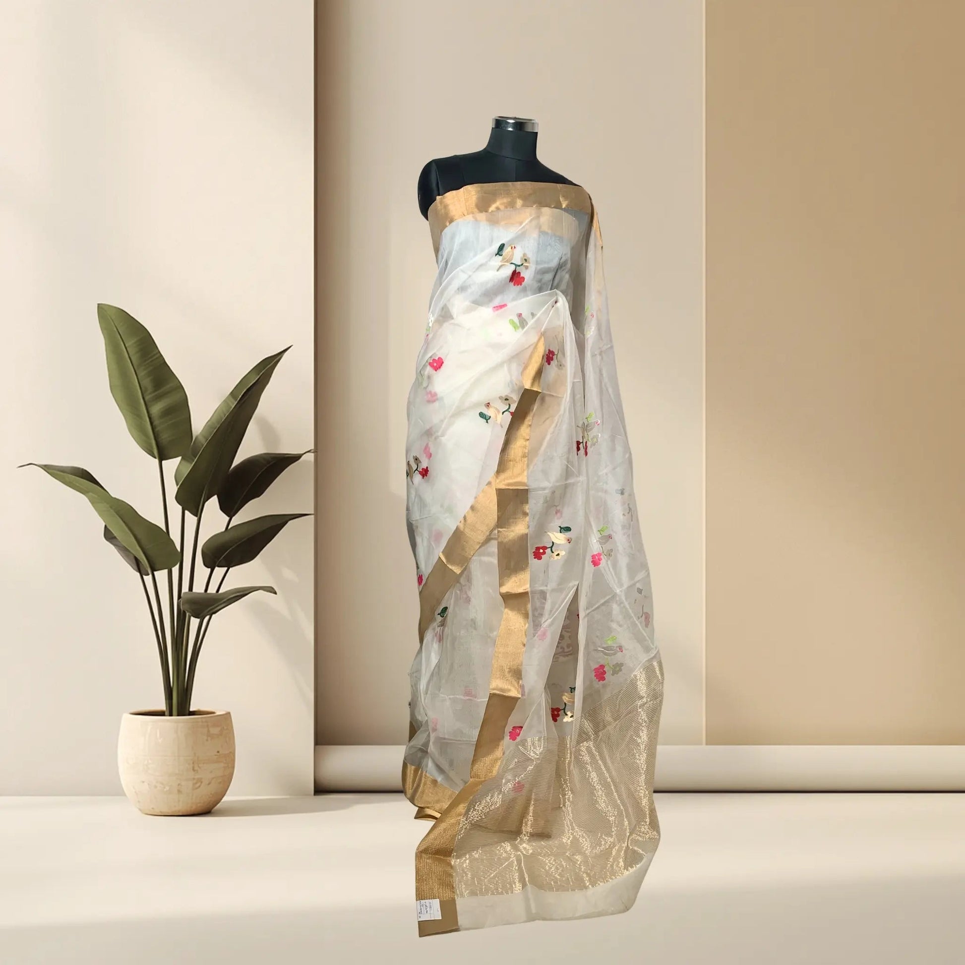 White and Gold Katan Chanderi Saree -Handloom Sarees- Aananda Collections