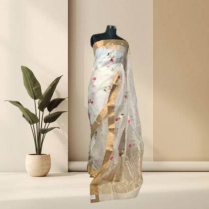 White and Gold Katan Chanderi Saree -Handloom Sarees- Aananda Collections