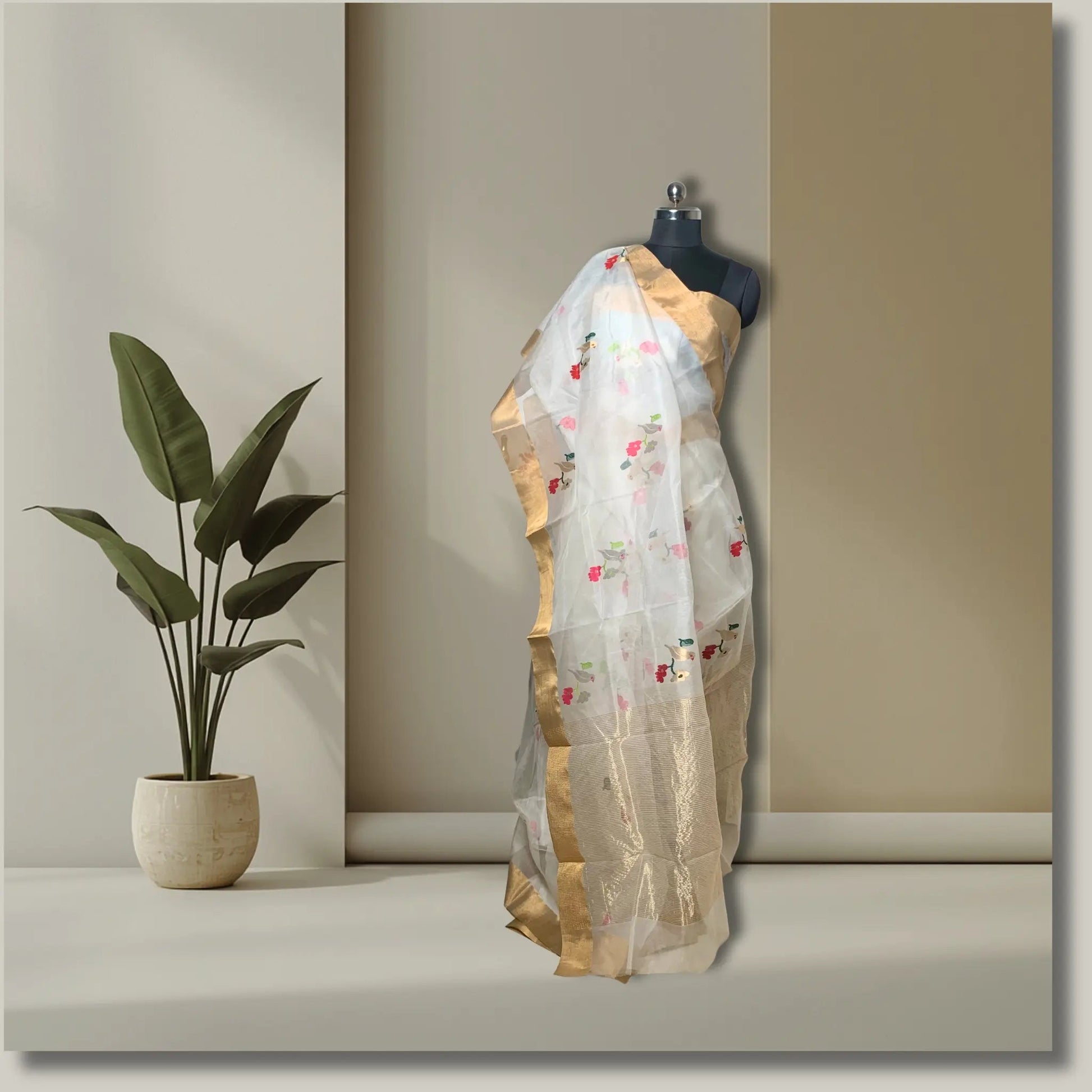 White and Gold Katan Chanderi Saree -Handloom Sarees- Aananda Collections
