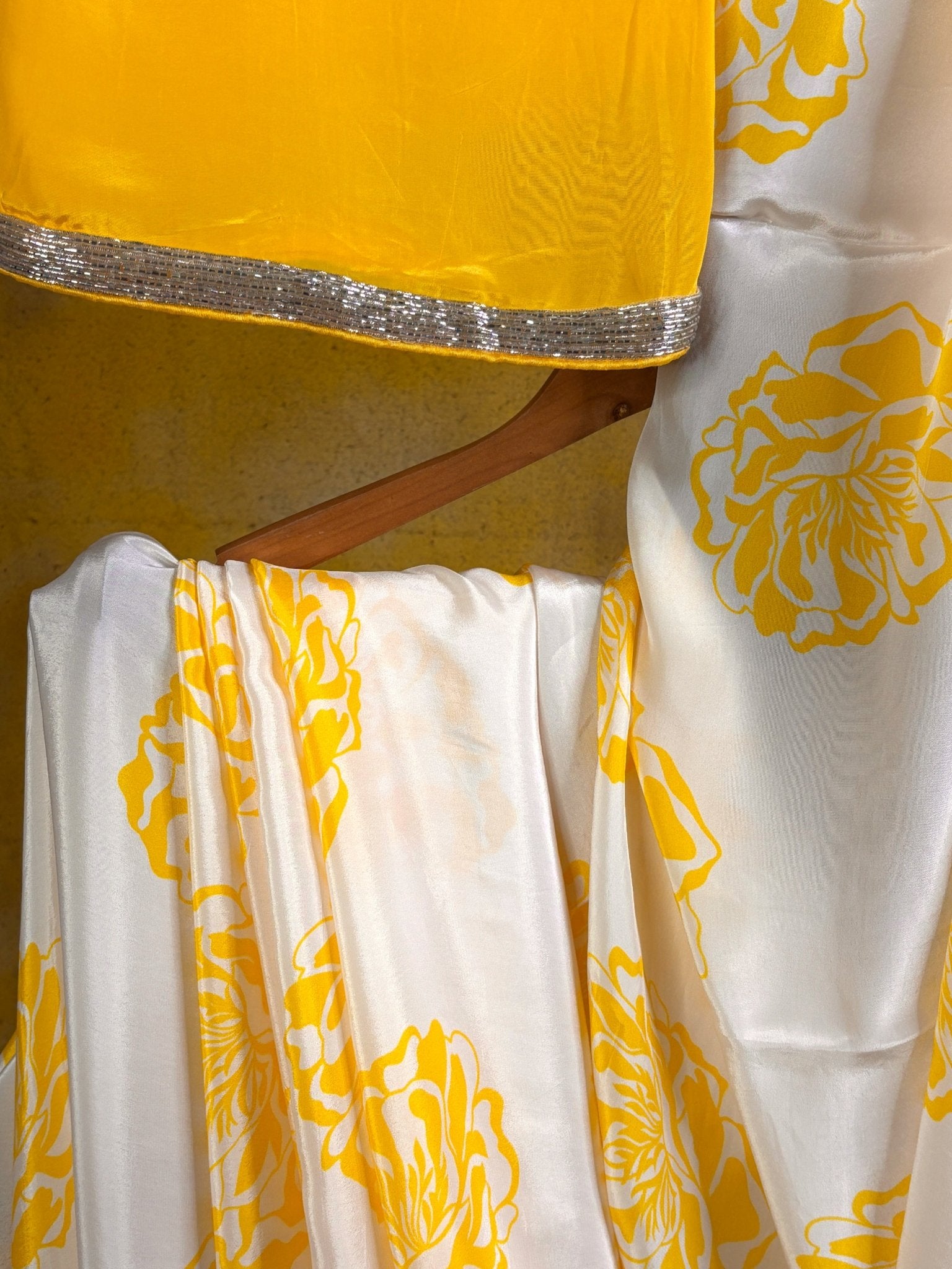 White and Yellow Crepe Silk -Powerloom Sarees- Aananda Collections