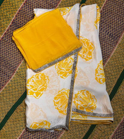 White and Yellow Crepe Silk -Powerloom Sarees- Aananda Collections