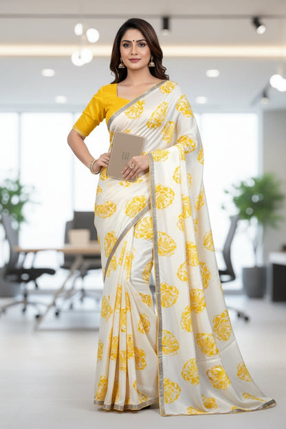 White and Yellow Crepe Silk -Powerloom Sarees- Aananda Collections