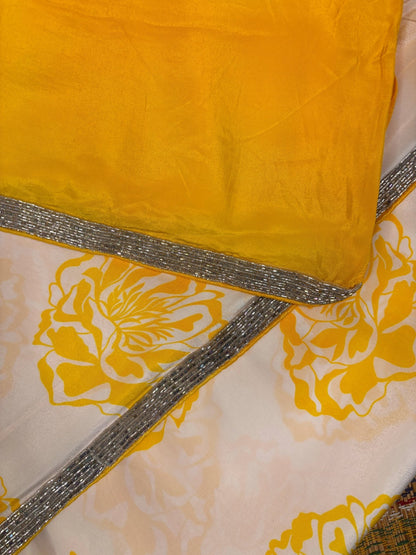 White and Yellow Crepe Silk -Powerloom Sarees- Aananda Collections