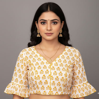 White and Yellow Jaipur Printed Cotton Blouse -Blouse- Aananda Collections