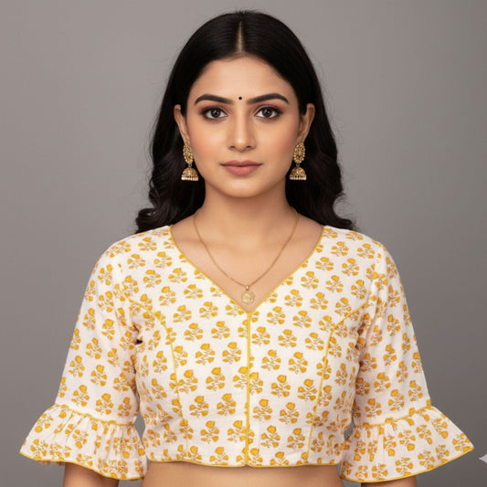 White and Yellow Jaipur Printed Cotton Blouse -Blouse- Aananda Collections