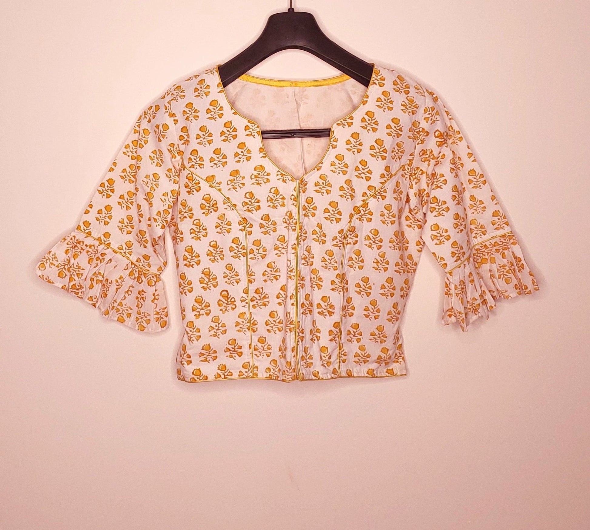 White and Yellow Jaipur Printed Cotton Blouse -Blouse- Aananda Collections
