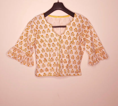 White and Yellow Jaipur Printed Cotton Blouse -Blouse- Aananda Collections