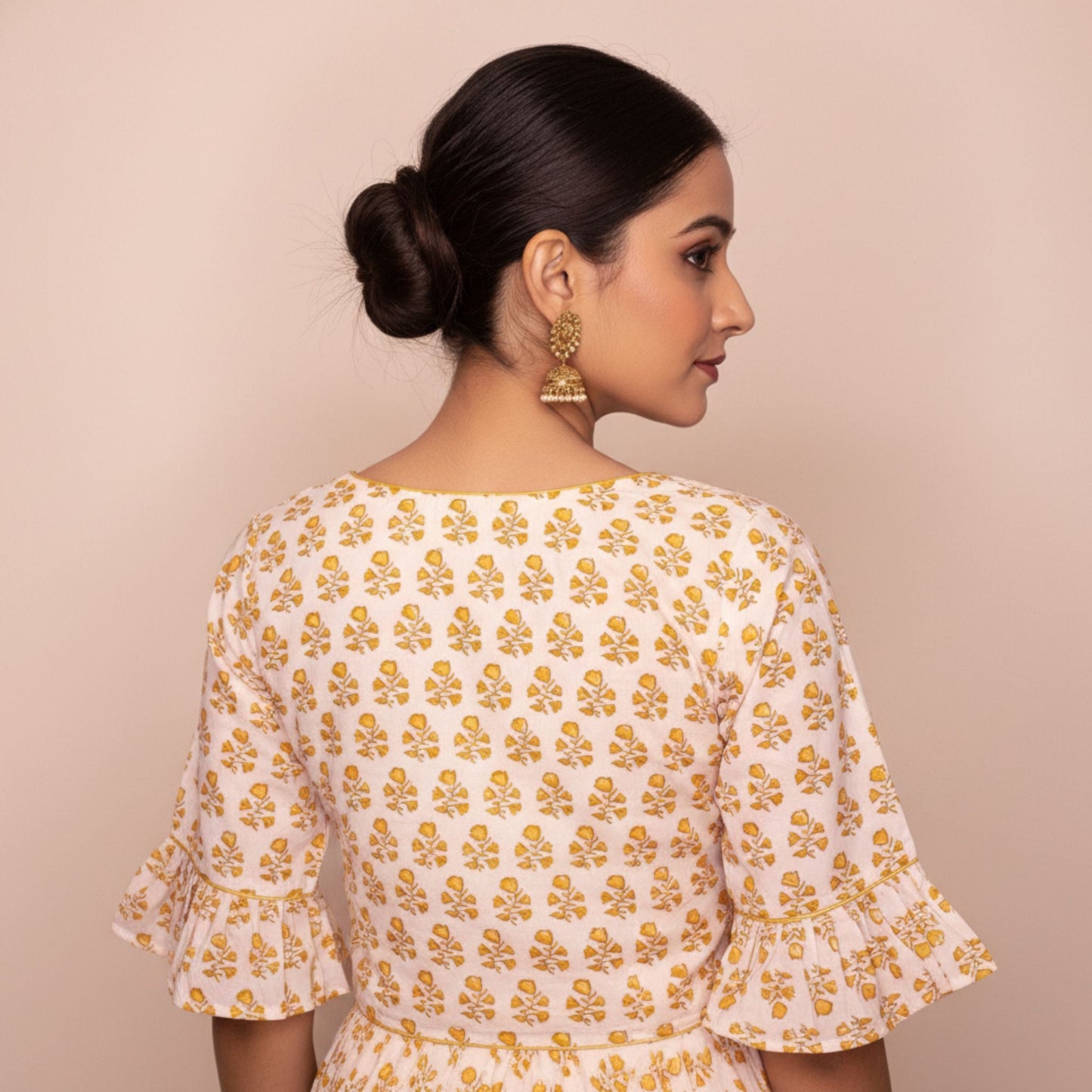 White and Yellow Jaipur Printed Cotton Blouse -Blouse- Aananda Collections