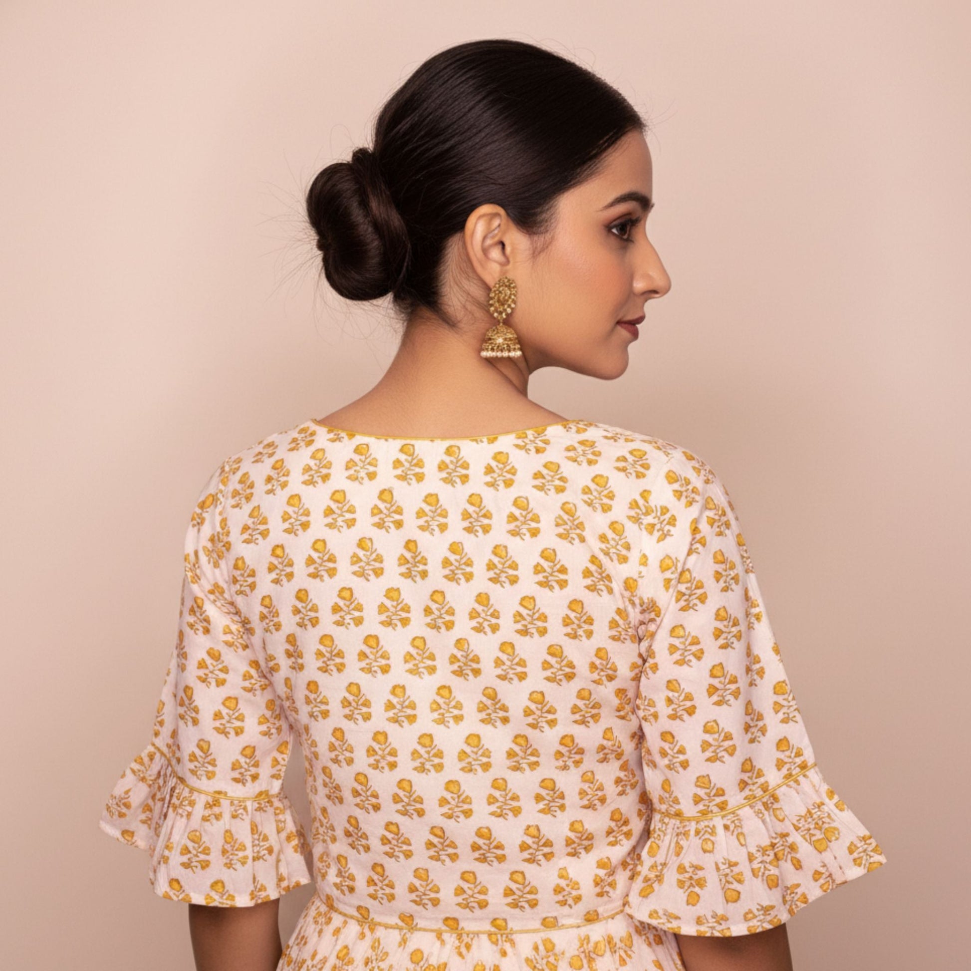 White and Yellow Jaipur Printed Cotton Blouse -Blouse- Aananda Collections