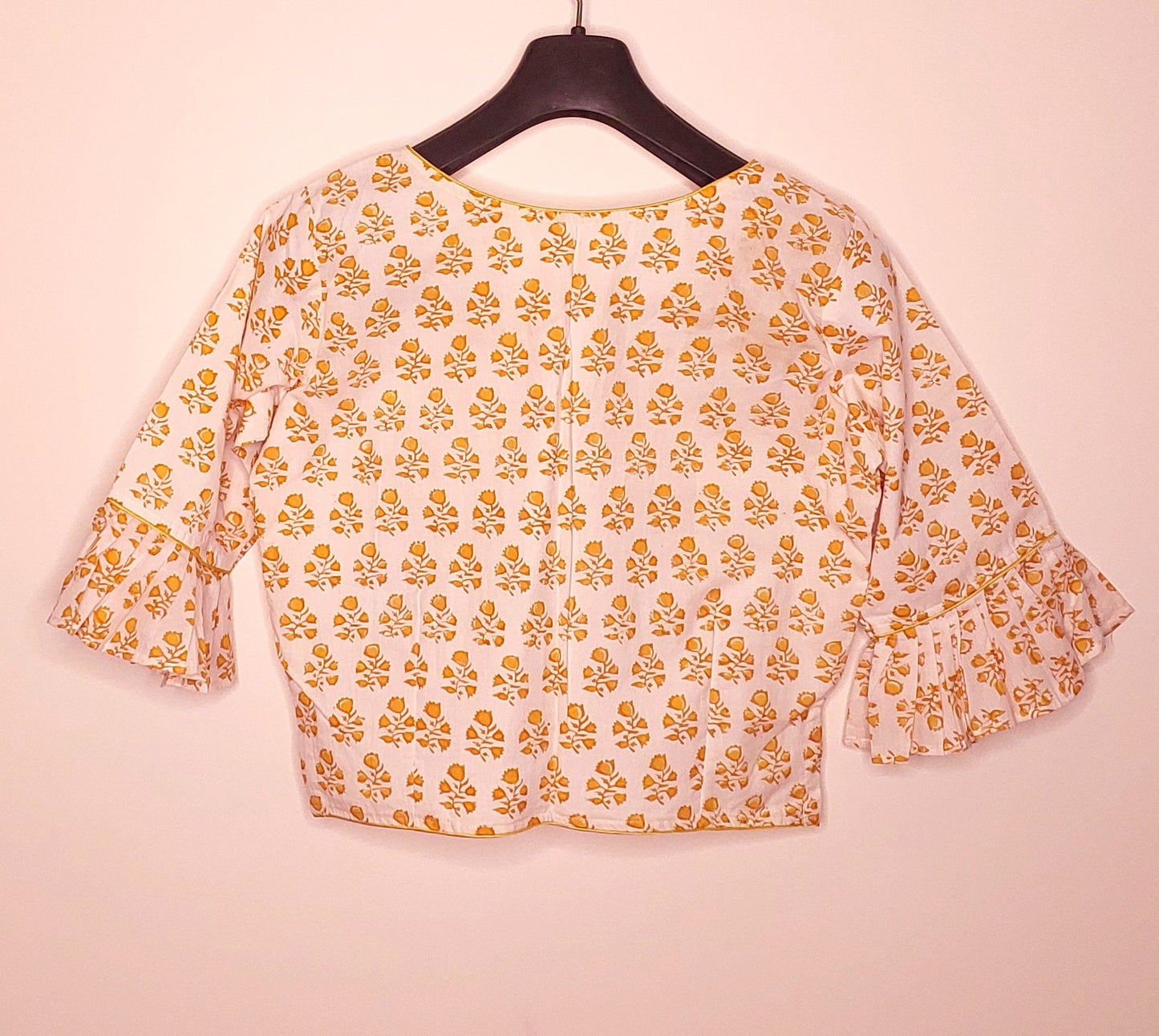 White and Yellow Jaipur Printed Cotton Blouse -Blouse- Aananda Collections