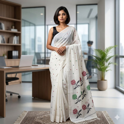 White Cotton Dhakai Jamdani Saree -Handloom Sarees- Aananda Collections