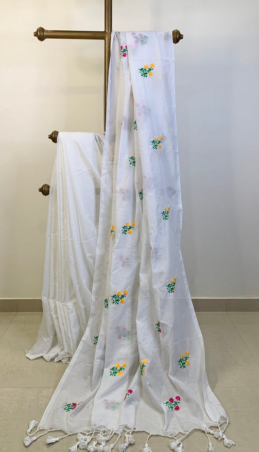 White Embroidered Khadi Cotton -Handloom Sarees- Aananda Collections