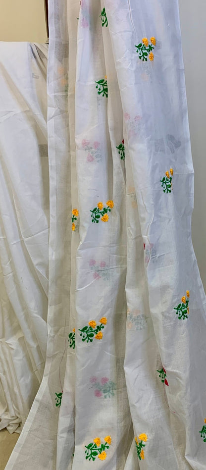 White Embroidered Khadi Cotton -Handloom Sarees- Aananda Collections