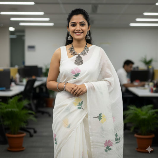 White Pure Cotton Dhakai Jamdani Saree -Handloom Sarees- Aananda Collections