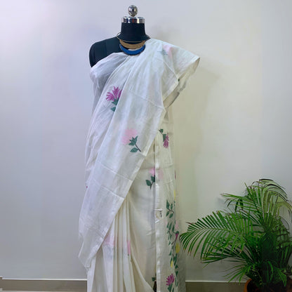 White Pure Cotton Dhakai Jamdani Saree -Handloom Sarees- Aananda Collections