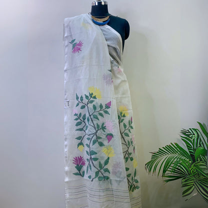 White Pure Cotton Dhakai Jamdani Saree -Handloom Sarees- Aananda Collections