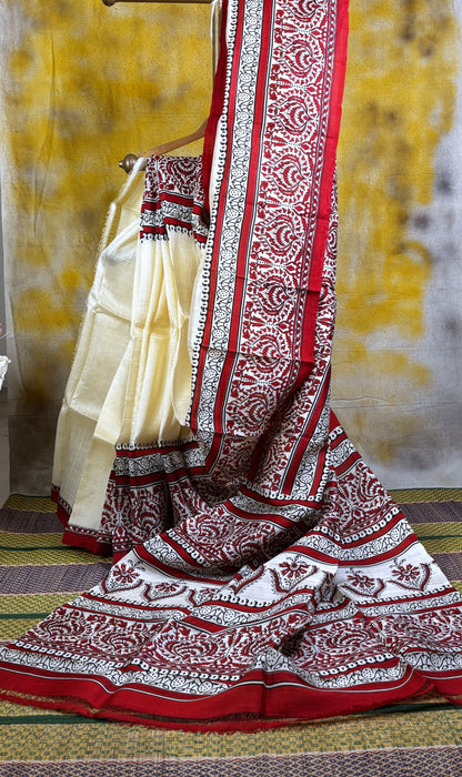 Off-White Block Printed Murshidabad Silk Saree