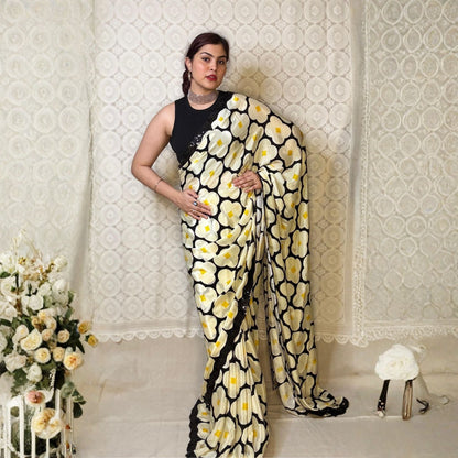 Yellow and Black Crepe Silk -Powerloom Sarees- Aananda Collections