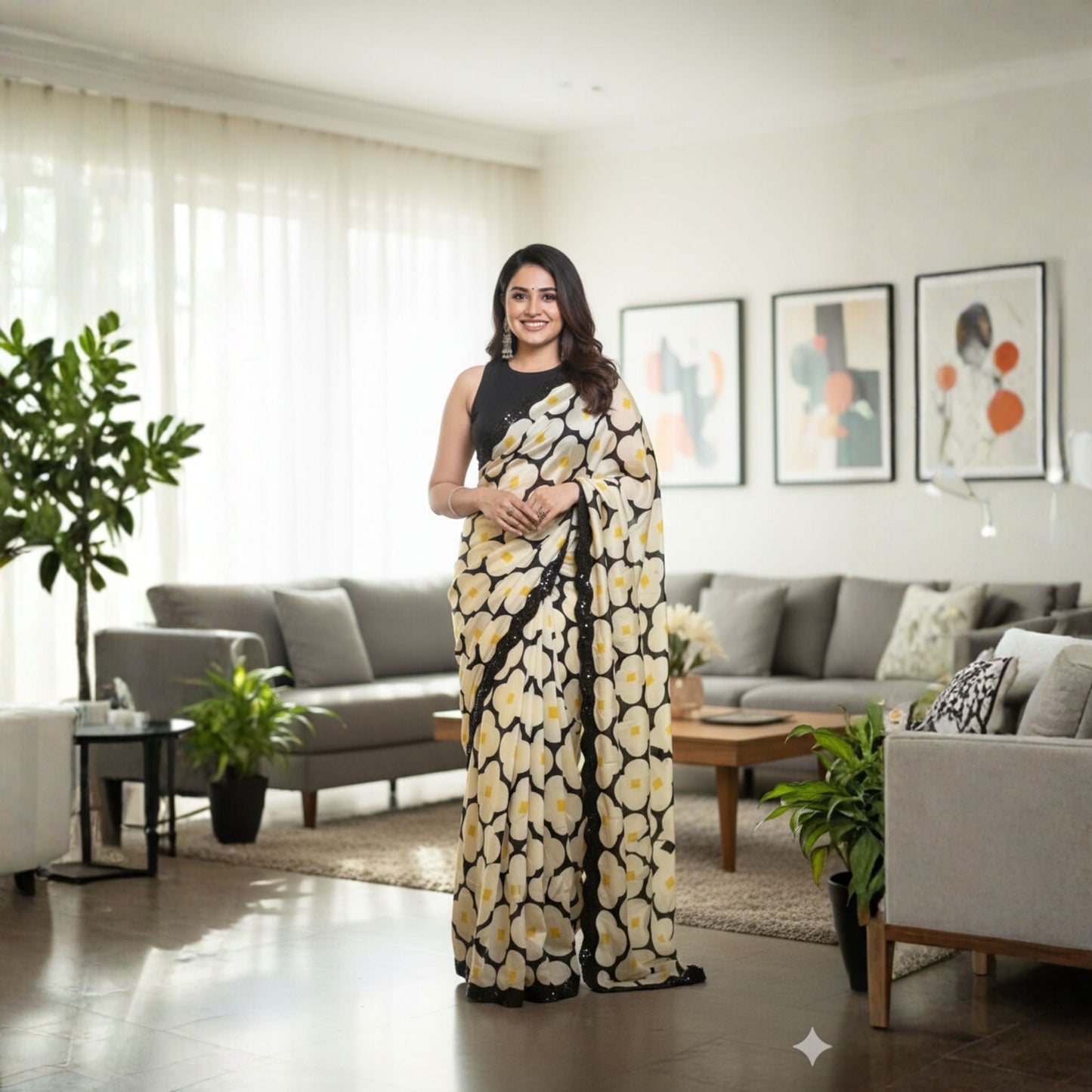 Yellow and Black Crepe Silk -Powerloom Sarees- Aananda Collections