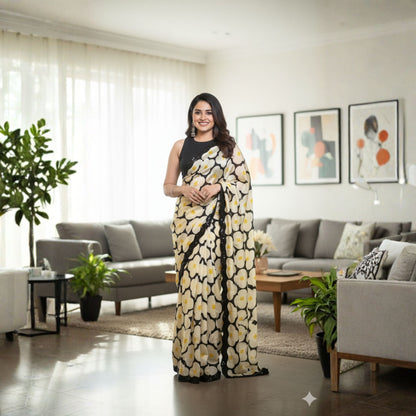 Yellow and Black Crepe Silk -Powerloom Sarees- Aananda Collections