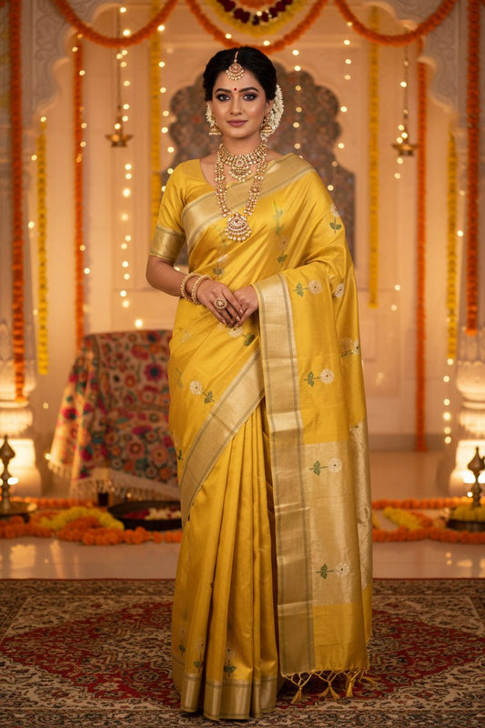 Yellow Green Chanderi Silk Saree -Handloom Sarees- Aananda Collections