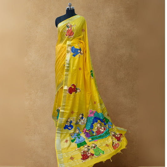 Yellow Hand-Painted Pattachitra Linen Saree -Handloom Sarees- Aananda Collections