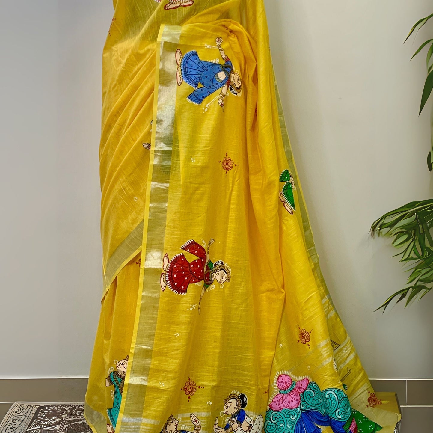 Yellow Hand-Painted Pattachitra Linen Saree -Handloom Sarees- Aananda Collections