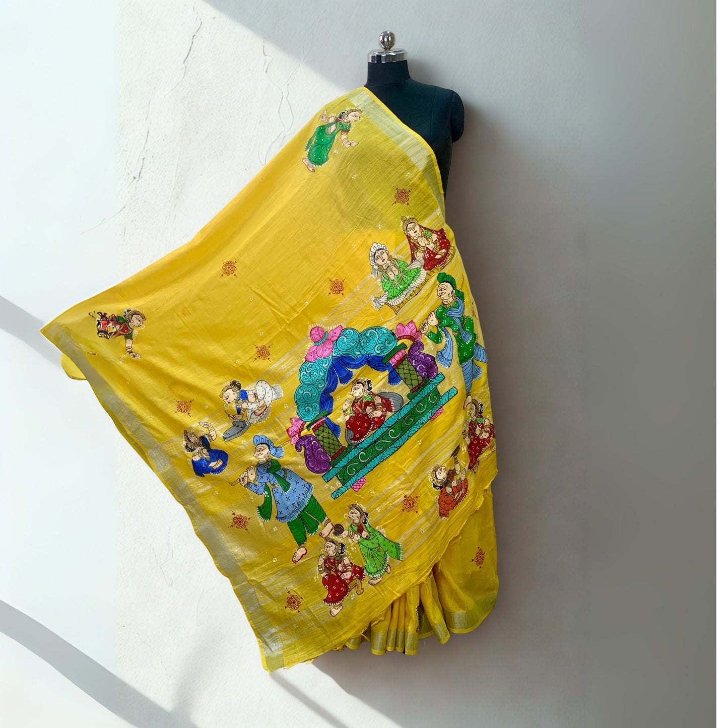 Yellow Hand-Painted Pattachitra Linen Saree -Handloom Sarees- Aananda Collections