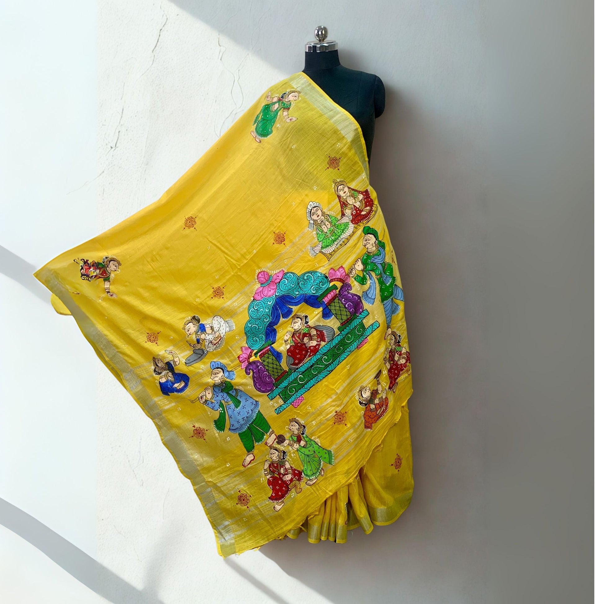 Yellow Hand-Painted Pattachitra Linen Saree -Handloom Sarees- Aananda Collections