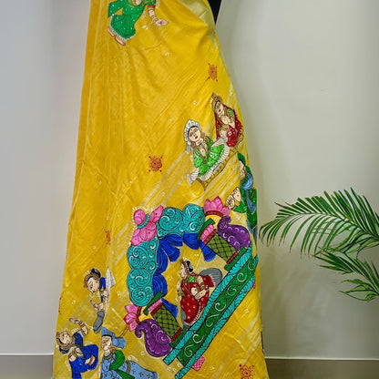 Yellow Hand-Painted Pattachitra Linen Saree -Handloom Sarees- Aananda Collections