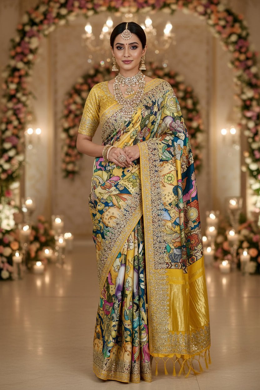Yellow Kalamkari Gaji Silk -Powerloom Sarees- Aananda Collections
